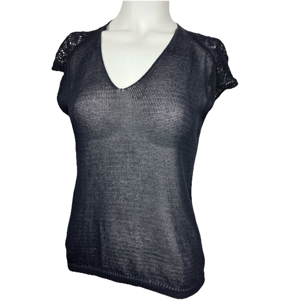 M Dries Van Noten Black Knit Sweater Short Sleeve Lace Sleeve Top Rayon Cotton